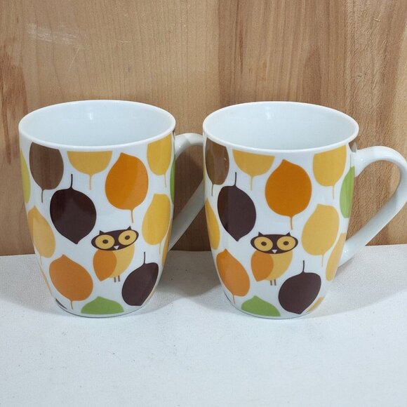 Rachael Ray Little Hoot Owl Coffee Mug 8oz set-2 retro colors orange brown 4" - Picture 2 of 8